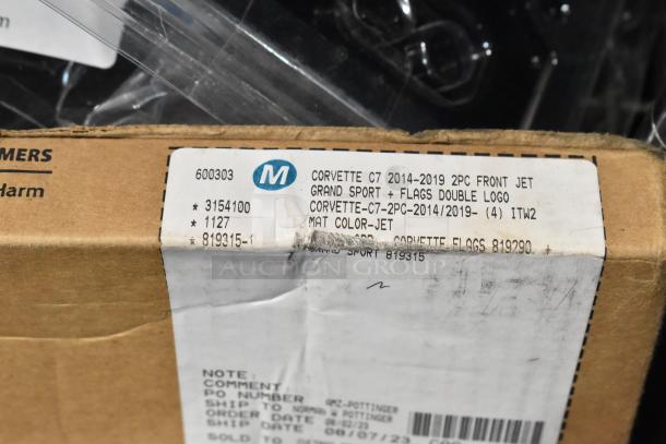 Box containing Lloyd Mats for Corvette C7 2014-2019, 2-piece front set, Grand Sport, color Jet. New, scratch and dent.