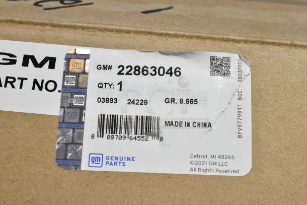 GM metal part labeled "GM# 22863046," genuine GM part, made in China, in original packaging, includes barcode.