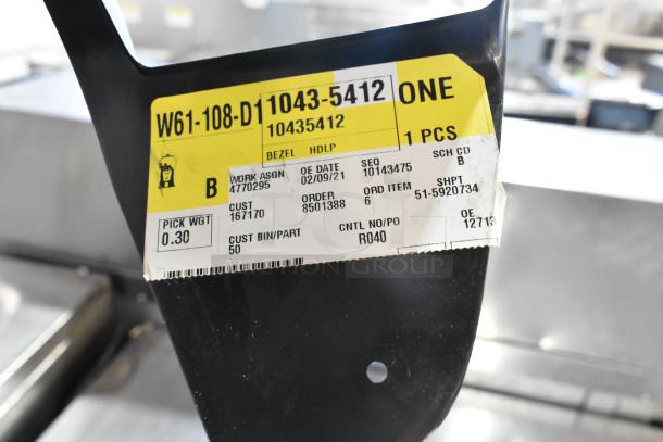 Vent and license plate frame set with label showing item code W61-108-D, order details, and pick weight.