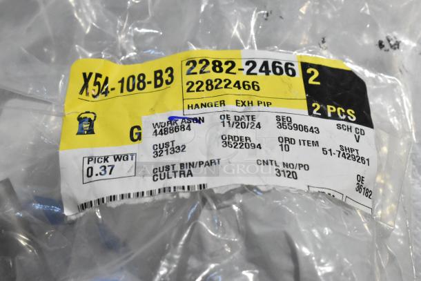 Clear plastic packaging with label showing item code X54-108-B3, work asgn 4488684, order 3522094, two pieces included.