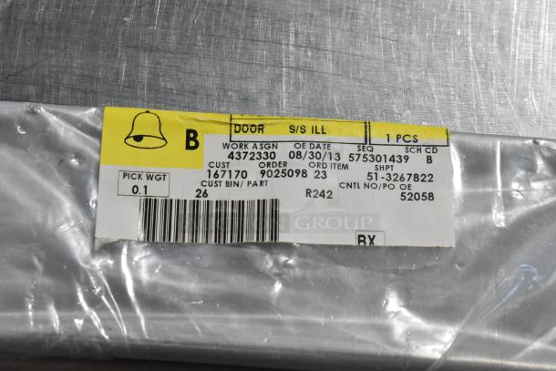 A tagged car part wrapped in plastic, marked with details like work assign 4372330, date 08/30/13, and order item 167170.