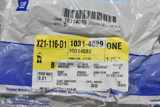 GM part packaging showing label for X21-116-D1, with order number 1031-4089. Includes GM logo, item type emblem, and additional codes.