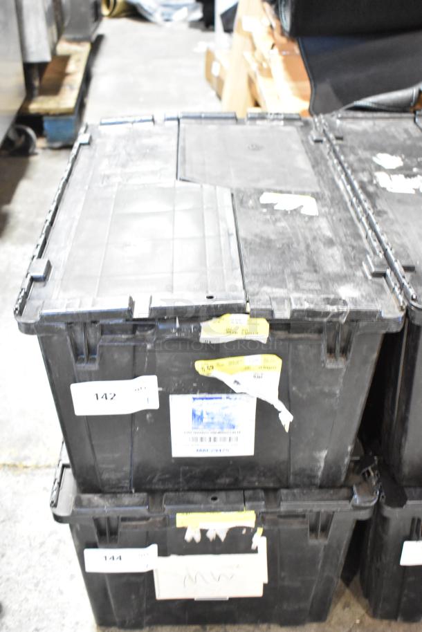 Black poly bin containing various parts, including a headrest, with visible labels and markings indicating item numbers 142 and 144.