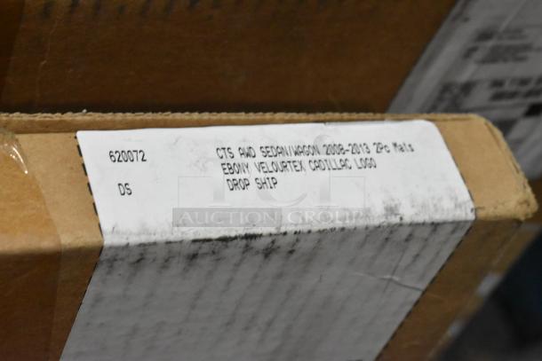 Cardboard box labeled for CTS AWD Sedan/Wagon 2008-2013, 2-piece mats, Ebony Velourtex Cadillac logo.