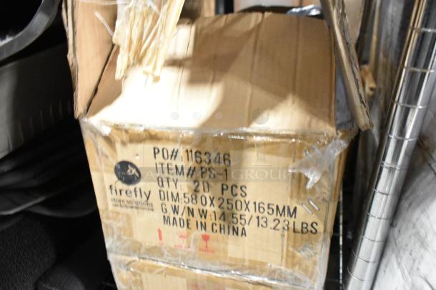 Box labeled "firefly store solutions" with item #PS-1, containing 20 pieces; dimensions 580x250x165mm, 14.55/13.23 lbs, made in China.