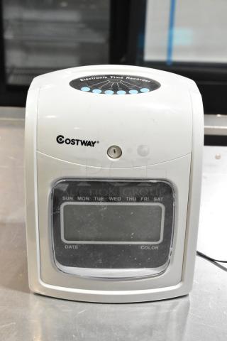 Costway Electric Time Recorder, white, visible days of the week display, small scratches, brand logo on top.