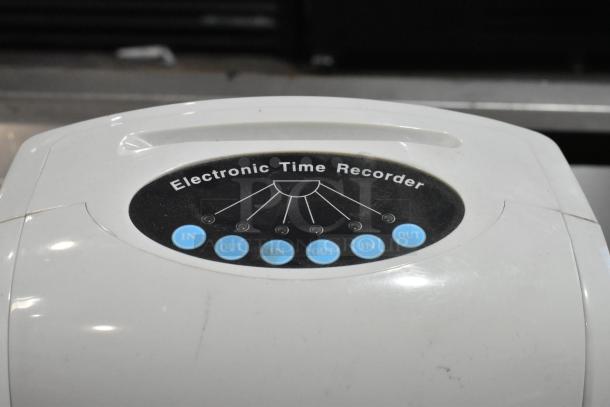 Costway Electric Time Recorder, white, features in/out controls, some surface wear, ideal for tracking employee hours.