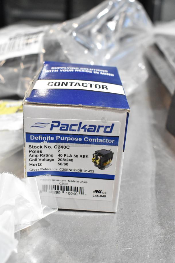 Packard contactor box, model C240C, 2 poles, amp rating 40 FLA 50 RES, coil voltage 208/240. Made in China. Box in good condition.