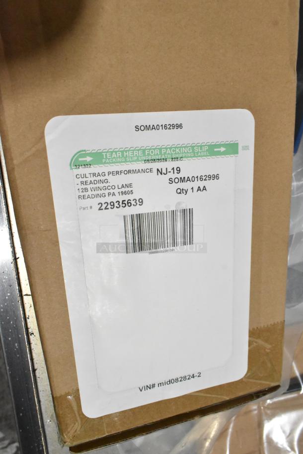 Lot of various items including mud flaps, part #22935639, in a black poly bin. Box labeled with shipping info and VIN #mid082824-2.