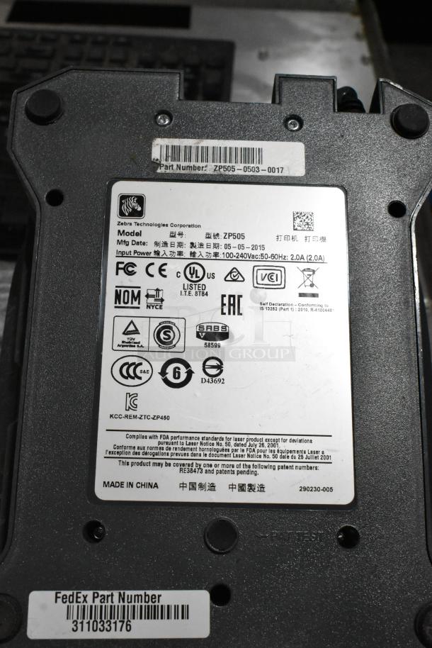 Zebra Technologies ZP505 label printer, showing model details and part numbers. Includes certifications and manufacturing info.