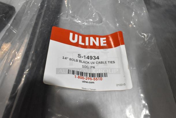 Uline 14" 80lb black UV cable ties, 100 per pack, in clear packaging. Part number S-14934 visible.
