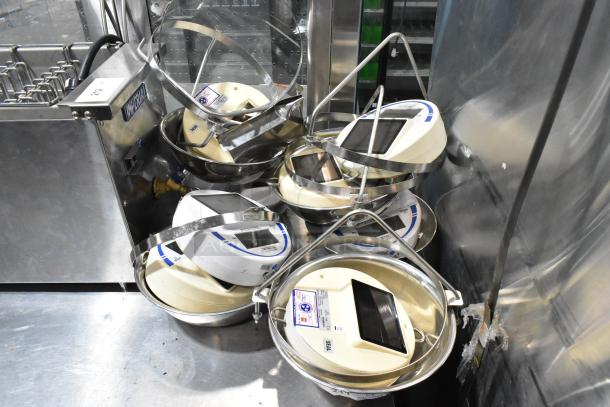 6 Detecto SCS30 produce scales, 30 lb capacity each, in used condition with stainless steel bowls and digital displays.