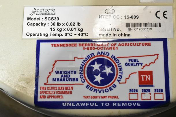 Detecto SCS30 produce scale, 30 lb capacity, model info and certification labels visible, made in China.