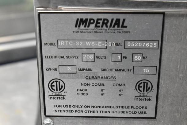 Imperial IRTC-32-WS-E-208 electric fryer's label showing electrical specs: 208V, 1 Phase, 3 KW-HR, ETL certified.