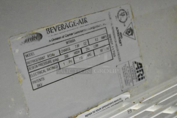Beverage Air WTR60A stainless steel undercounter cooler label, showing model, refrigerant, and electrical ratings.
