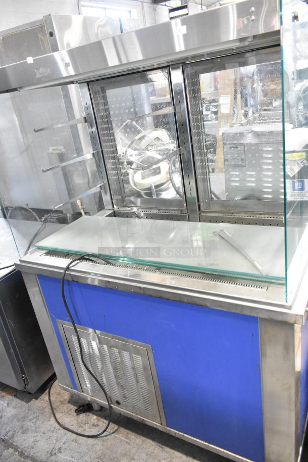 2019 Piper 4-OTR-2 stainless steel cold display case, 208V, 1 phase. Features glass panels, shelving, and power cord.
