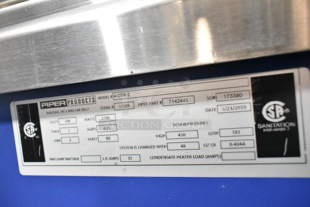 2019 Piper Products 4-OTR-2 Elite Omnitop Cold Food Display, stainless steel, 208V, 1 phase, model and info tag shown.
