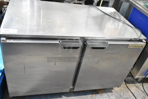 Beverage Air UCR48A stainless steel 2-door undercounter cooler, commercial use, 115V, 1 phase, visible logo, good condition.