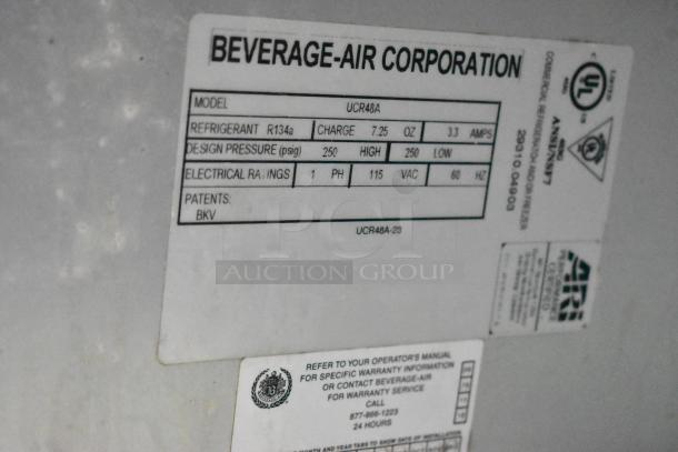 Beverage Air UCR48A stainless steel 2-door undercounter cooler label, showing model and electrical specifications.