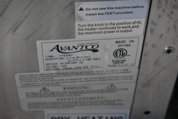 Alt text: 

"Avantco 177STE4SA stainless steel steam table label showing specifications, including 120V, 2000W. Made in China."