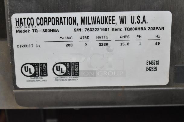 Hatco TQ-800HBA stainless steel conveyor toaster oven, 208V, 1-phase, labeled with electrical specs and UL certifications.