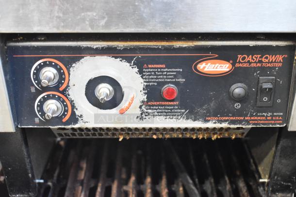 Hatco TQ-800HBA conveyor toaster with stainless steel finish, control dials, and warning label. Used condition. 208V, 1 phase.