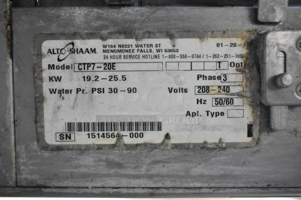 Alto Shaam CTP7-20E label showing model, 208-240V, 3 phase, 19.2-25.5KW, water pressure PSI 30-90, and serial number.