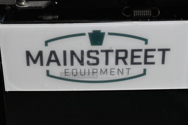 Mainstreet Equipment logo on 2-door cooler model 829GMC49B. 115 volts, 1 phase, on commercial casters, metal construction.
