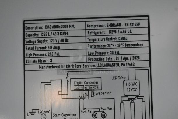 Mainstreet 829GMC49B metal 2-door reach-in cooler label. Specs: 43.3 CU/FT, 120V, R290 refrigerant, CAREL control.