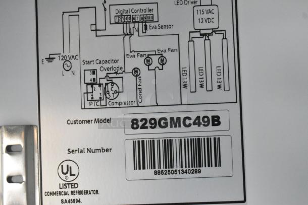Mainstreet 829GMC49B metal commercial 2-door cooler; UL listed, operates on 115 volts, 1 phase. Model label visible.