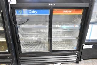 True Metal 2 Door Cooler Merchandiser with poly-coated racks, 115V, used for dairy and juice display.