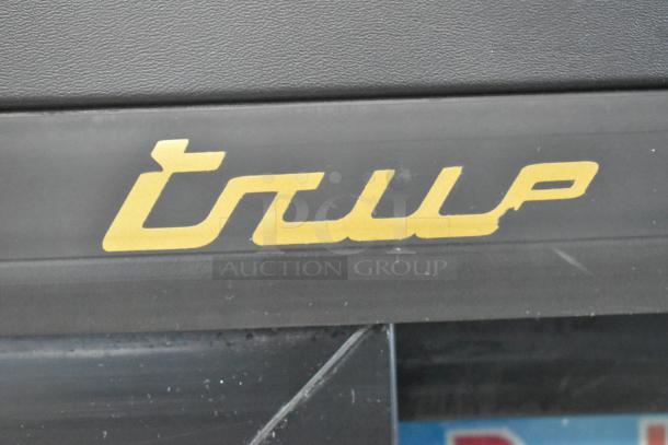 True GDM-41SL-60-LD logo on black metal surface, part of a commercial 2 door reach-in cooler merchandiser.