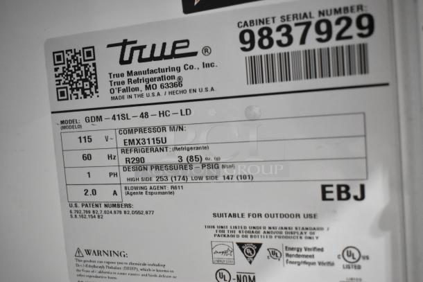 Label for 2019 True GDM-41SL-48-HC-LD cooler. Indicates 115 volts, 1 phase, R290 refrigerant, serial number 9837929.