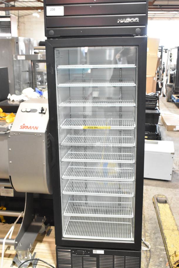 2019 Habco SE18 metal commercial single door reach-in cooler merchandiser with poly coated racks, 115 volts, 1 phase.