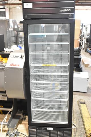 2019 Habco SE18 metal commercial single door reach-in cooler merchandiser with poly coated racks, 115 volts, 1 phase.