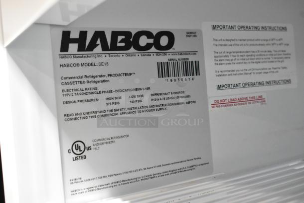 2019 Habco SE18 Commercial Cooler, metal single door, poly coated racks, 115V, 1 phase. Label shows model details and instructions.