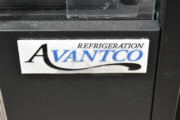 Alt Text: Avantco 193VOA60B metal commercial merchandiser, black, extra deep, with LED lighting and visible branding.