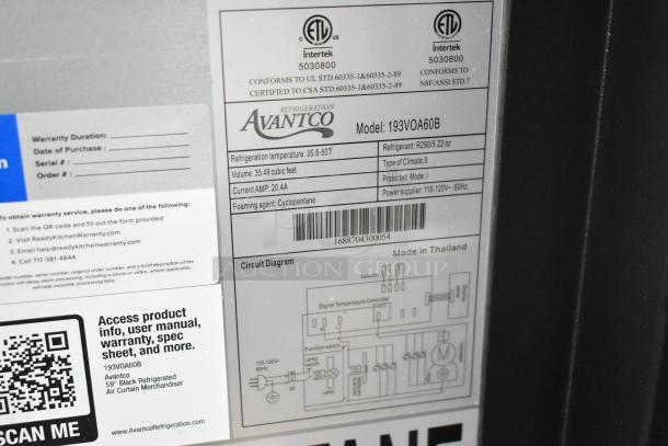 Avantco 193VOA60B label details: 115V, 1 Phase, 35.49 cu ft, R290 refrigerant, Cyclopentane foam, made in Thailand.