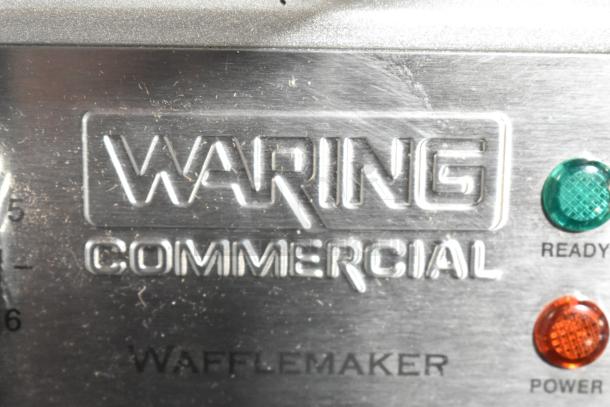 BRAND NEW 2024 Waring WWD180X Waffle Maker, 120V, with "Waring Commercial Wafflemaker" label, lights for ready and power.