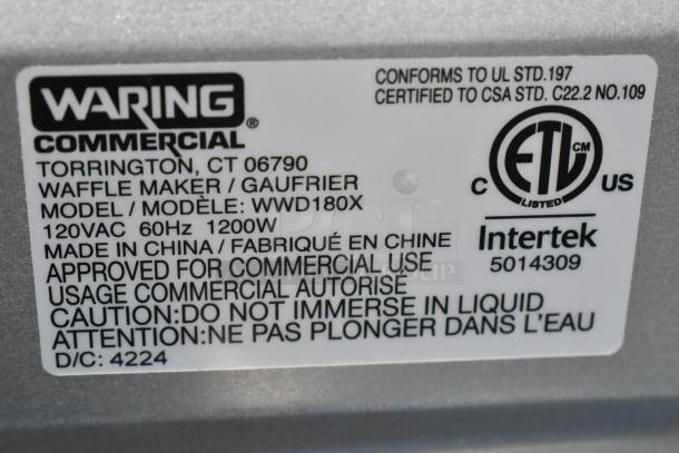 Label for Waring WWD180X waffle maker, 120VAC, 1200W, commercial use approved, brand new condition. Made in China.