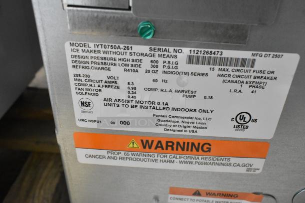 2025 Manitowoc IYT0750A-261 half dice ice machine, stainless steel, 208-230V, 1 phase, new, with scratch and dent. Labels visible.