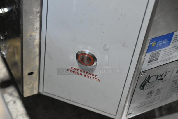 Stainless steel Cooking Performance Group CPG 351ICOED conveyor pizza oven panel with emergency power button and labels.