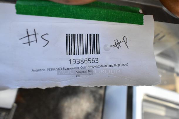 Brand new Avantco evaporator coil 19386563 for VAC-46W, VAC-46B. Scratch and dent. Includes tags with product details.