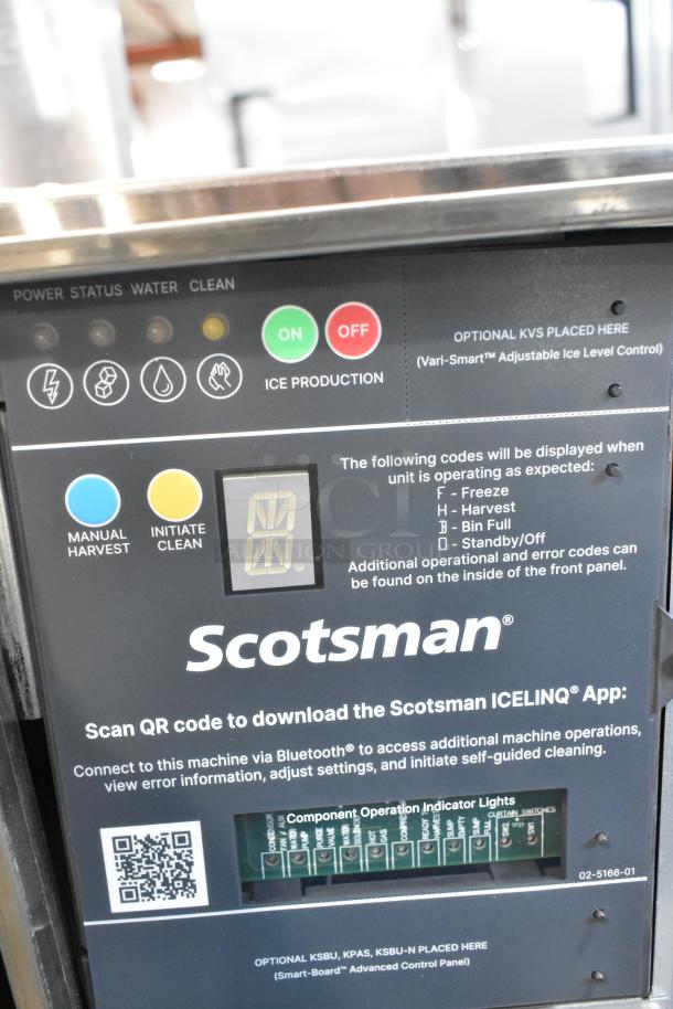 BRAND NEW SCRATCH AND DENT! 2025 Scotsman MC0830MR-32A Stainless Steel Ice Machine panel, showing buttons, indicators, and QR code.