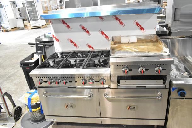 Brand new Cooking Performance Group 351S60GS24L stainless steel 6 burner range with 24" griddle, broiler, 2 ovens, 276k BTU.