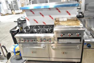 Brand new Cooking Performance Group 351S60GS24L stainless steel 6 burner range with 24" griddle, broiler, 2 ovens, 276k BTU.