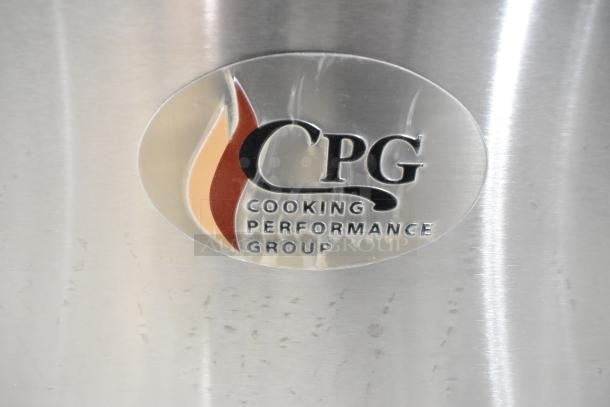 Stainless steel Cooking Performance Group logo on a 2025 CPG 351S60GS24L commercial range. Brand new, minor scratches. 276,000 BTU.