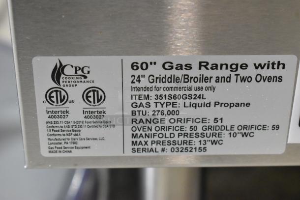 BRAND NEW 2025 CPG 351S60GS24L stainless steel 6-burner 60" range with 24" griddle/broiler, 2 ovens, 276,000 BTU.