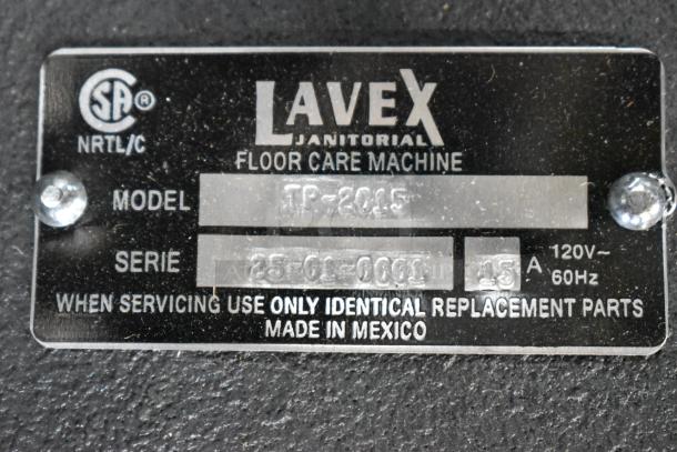 Lavex TP-2015 metal floor cleaner label, 120V, 1 phase, made in Mexico. Model and series details visible.