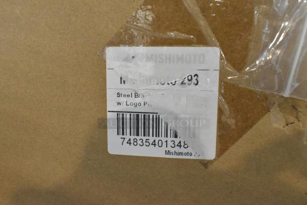 Label on box reading "Mishimoto 293", indicating steel brackets with logo parts, and barcode 748354013486.